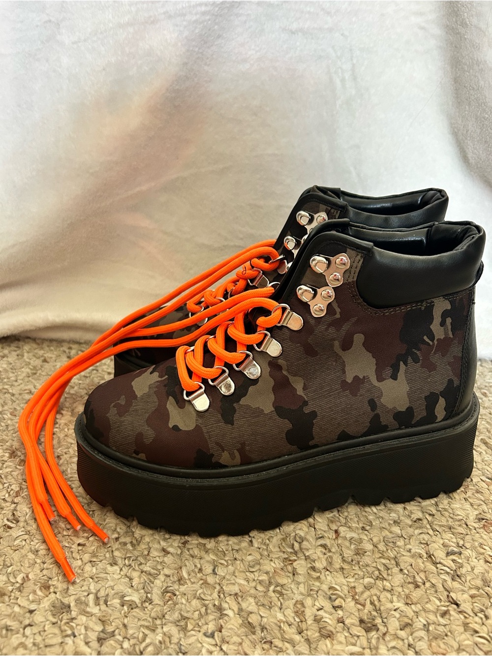 Steve Madden Camouflage Platform Lace-Up Boots with Bright Orange Laces